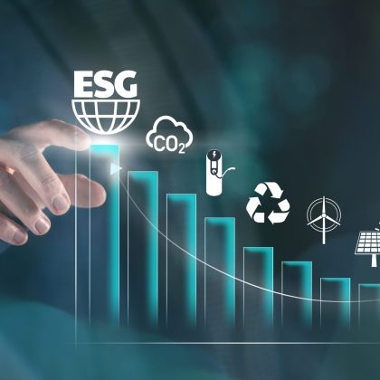 Businessman touching virtual screen. ESG environmental social governance concept. Business strateg