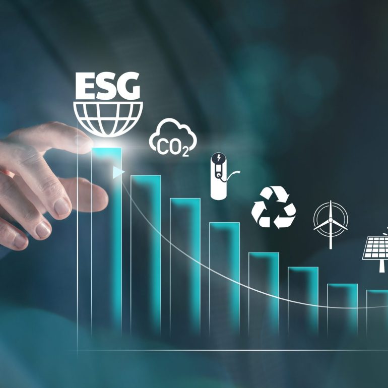 Businessman touching virtual screen. ESG environmental social governance concept. Business strateg