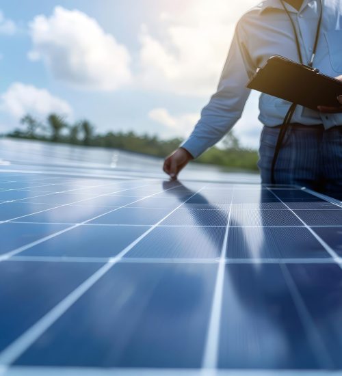 A team of financial experts conducting an audit in a large solar power plant to assess investment sustainability and returns